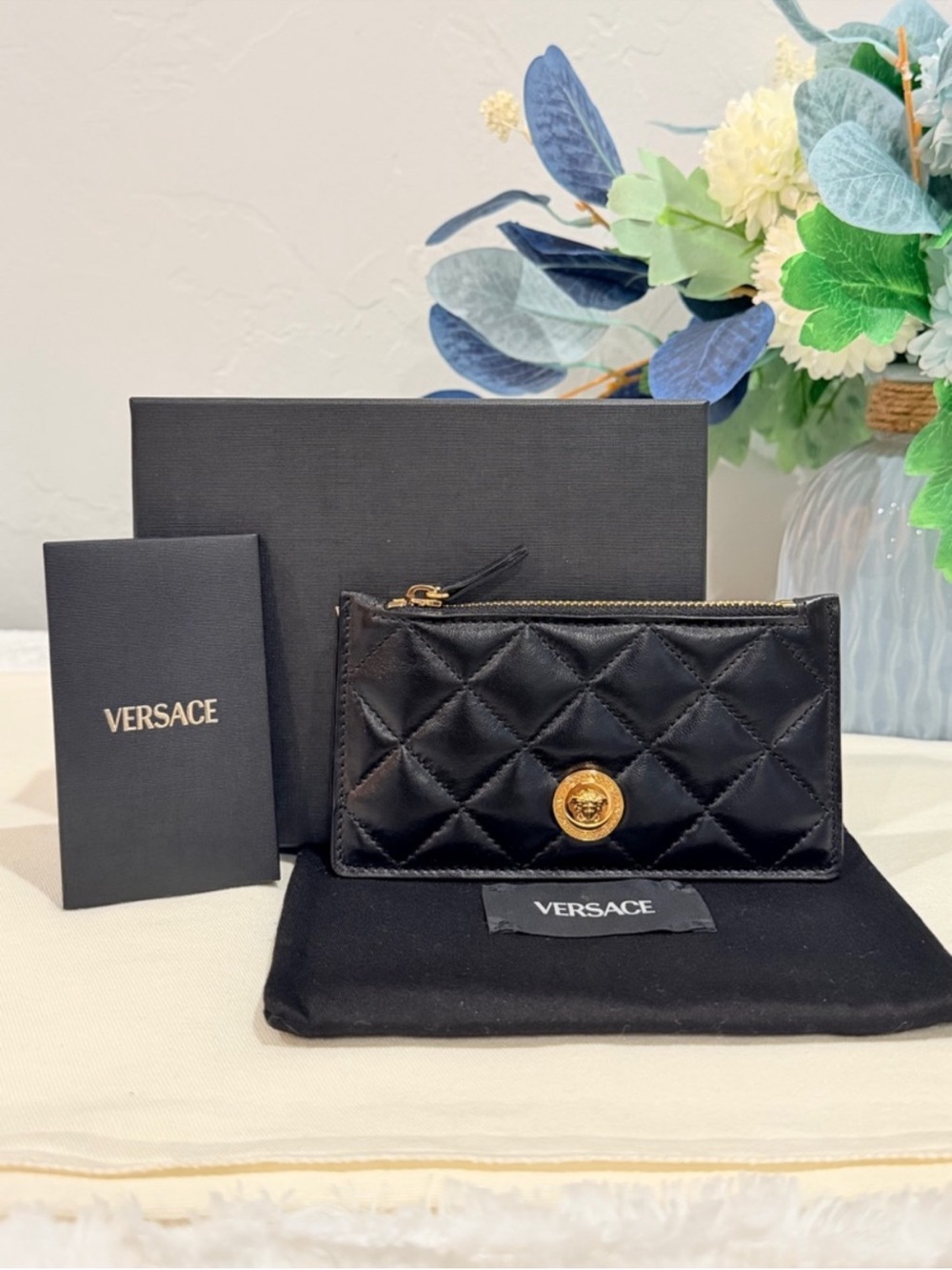 Versace La Medusa Black Quilted Lambskin Leather Card Wallet. Gold Medusa Button